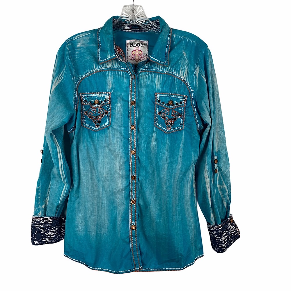 DESTINED TO ROAR Distress Turquoise Western Shirt